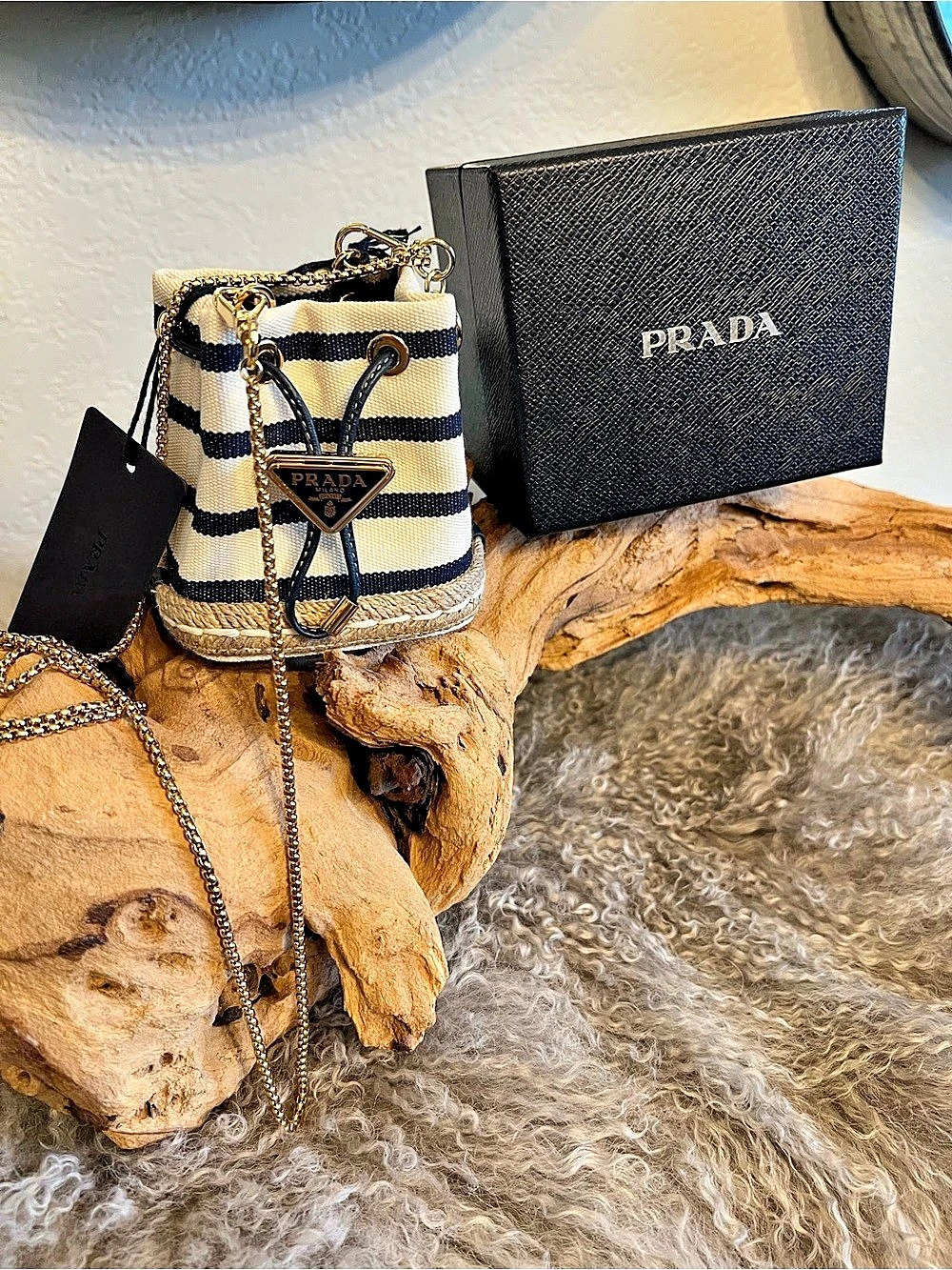 Prada Striped Canvas Espadrille Mini Bucket Bag / Pouch on Chain White & Blue
